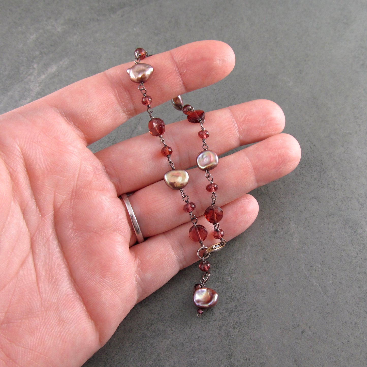 Garnet and pearl bracelet, handmade oxidized sterling silver bracelet-OOAK