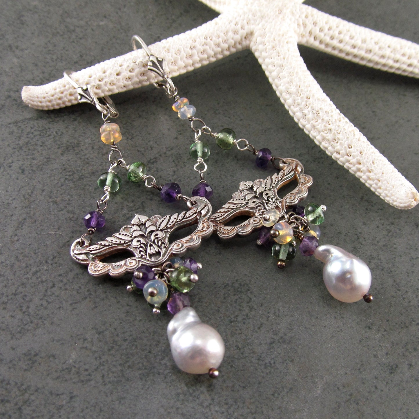 Masquerade earrings, handmade recycled fine silver, amethyst, green apatite and silver Akoya saltwater pearl earrings-Mardi Gras Masque