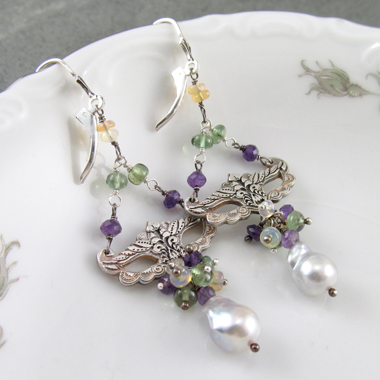 Masquerade earrings, handmade recycled fine silver, amethyst, green apatite and silver Akoya saltwater pearl earrings-Mardi Gras Masque