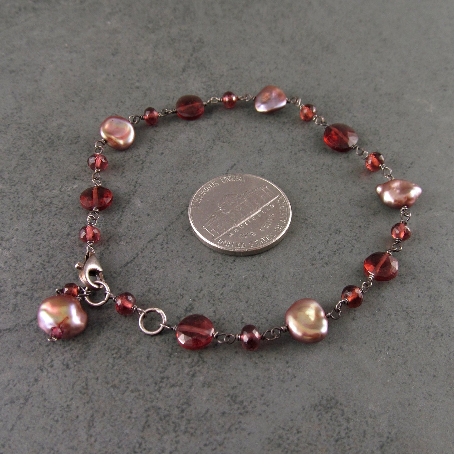 Garnet and pearl bracelet, handmade oxidized sterling silver bracelet-OOAK