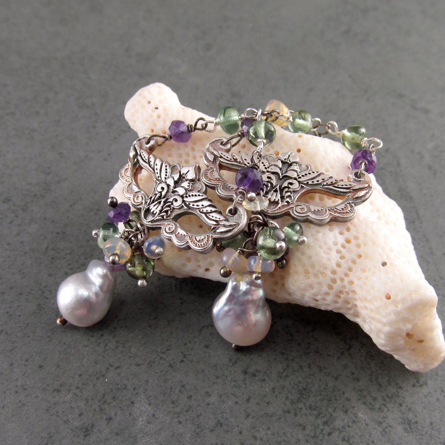 Masquerade earrings, handmade recycled fine silver, amethyst, green apatite and silver Akoya saltwater pearl earrings-Mardi Gras Masque
