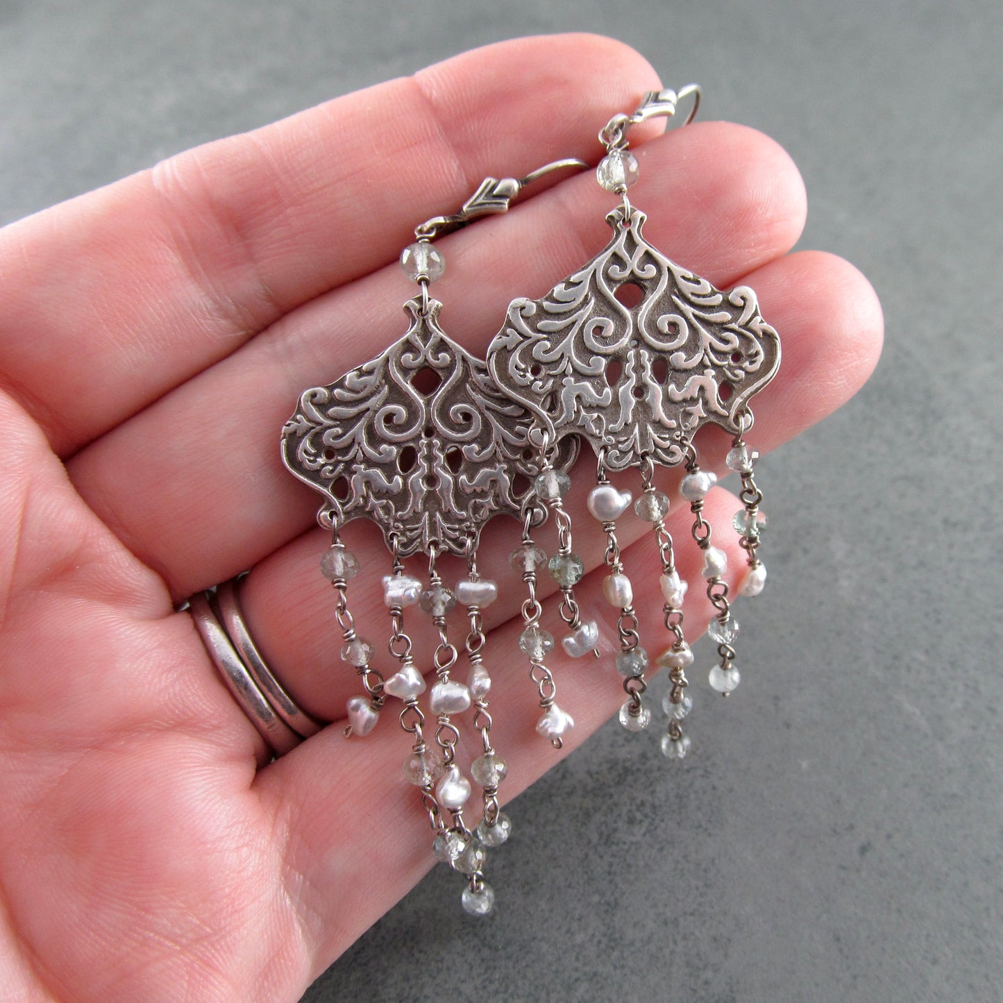 Aquamarine chandelier earrings with silver saltwater keshi pearls, handmade recycled sterling silver earrings-OOAK