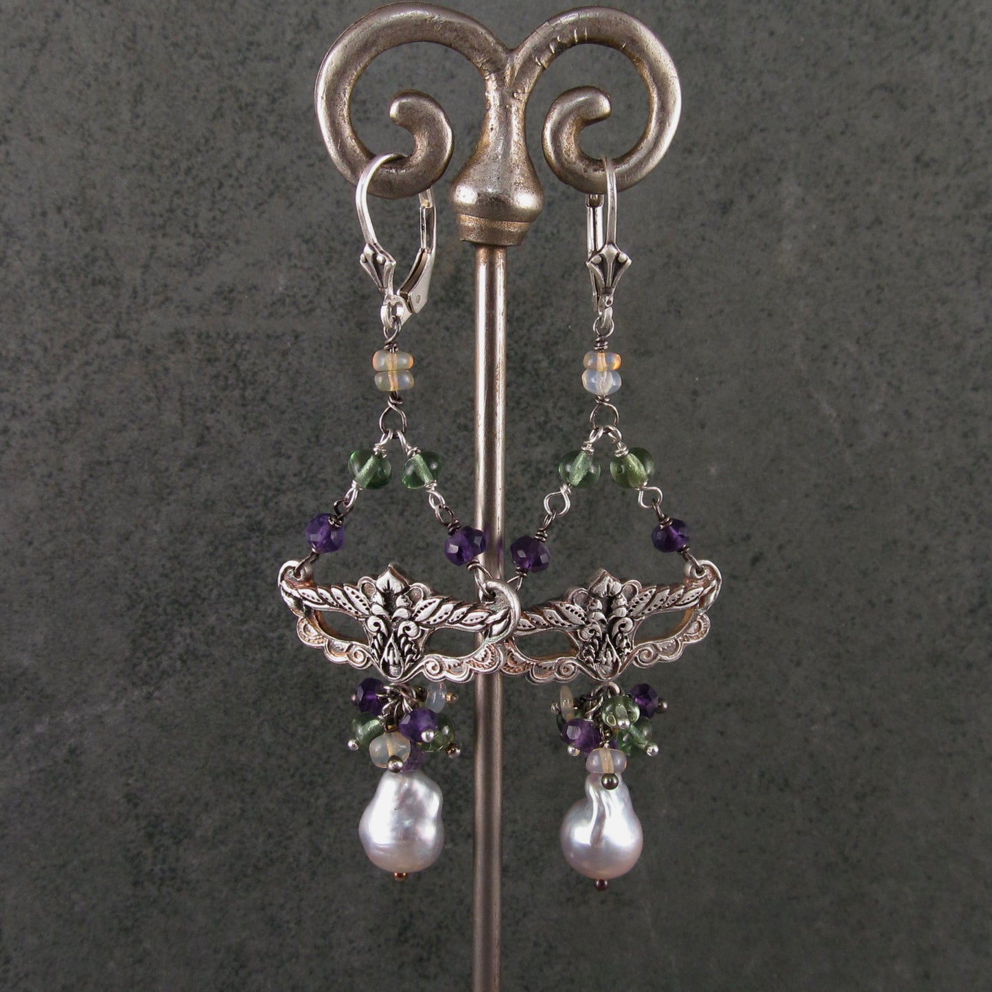 Masquerade earrings, handmade recycled fine silver, amethyst, green apatite and silver Akoya saltwater pearl earrings-Mardi Gras Masque