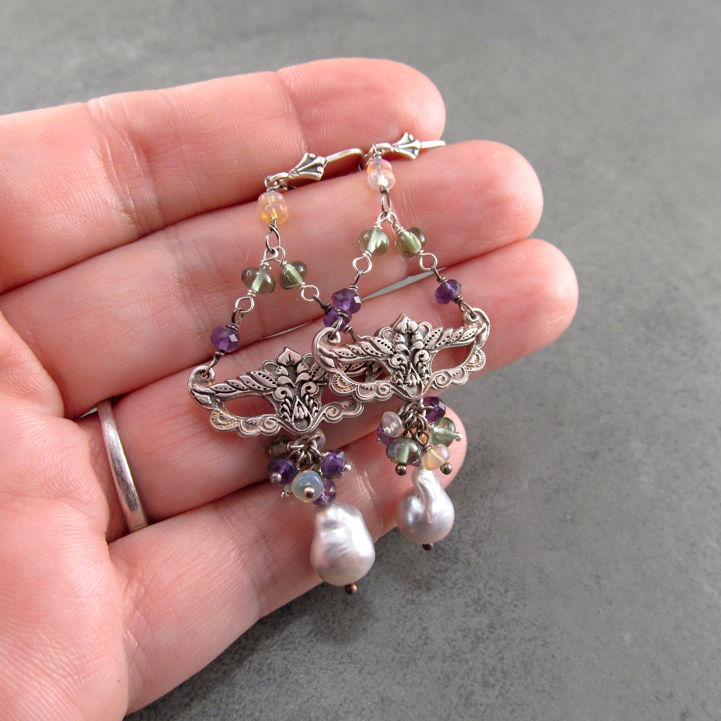 Masquerade earrings, handmade recycled fine silver, amethyst, green apatite and silver Akoya saltwater pearl earrings-Mardi Gras Masque