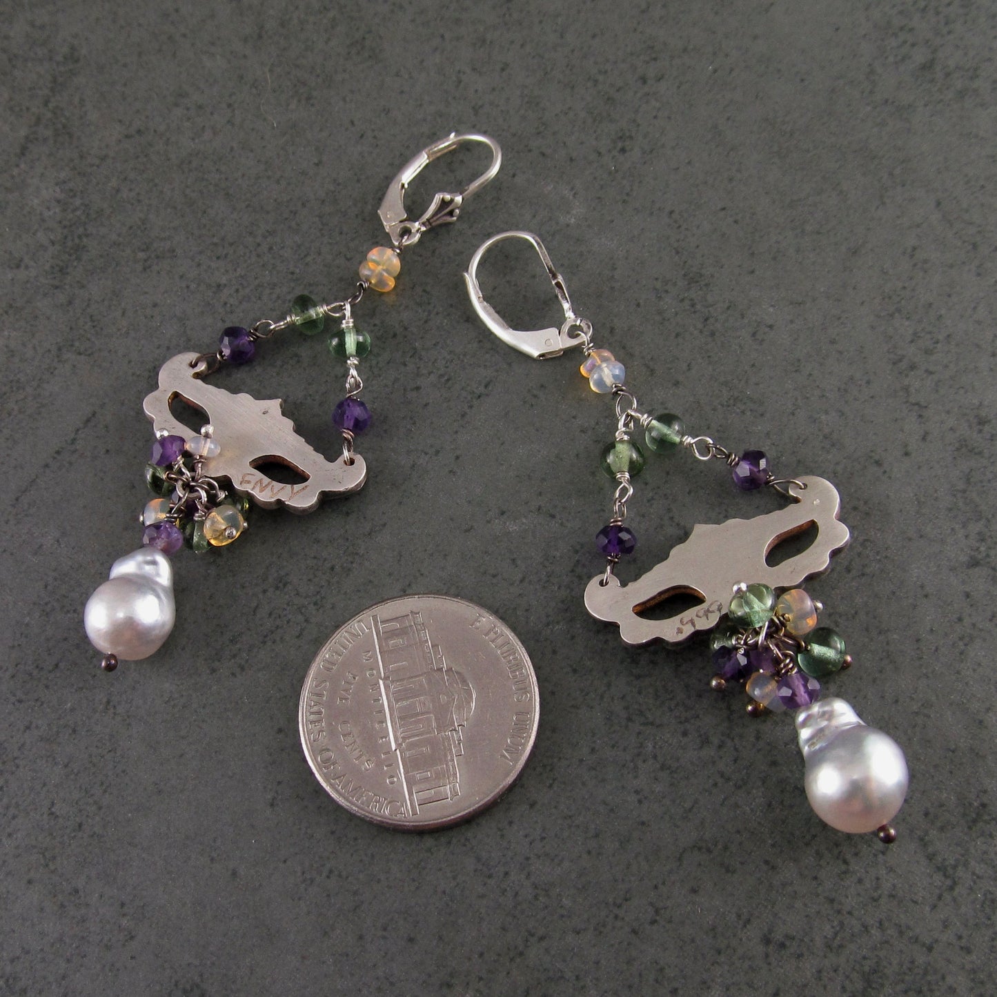 Masquerade earrings, handmade recycled fine silver, amethyst, green apatite and silver Akoya saltwater pearl earrings-Mardi Gras Masque