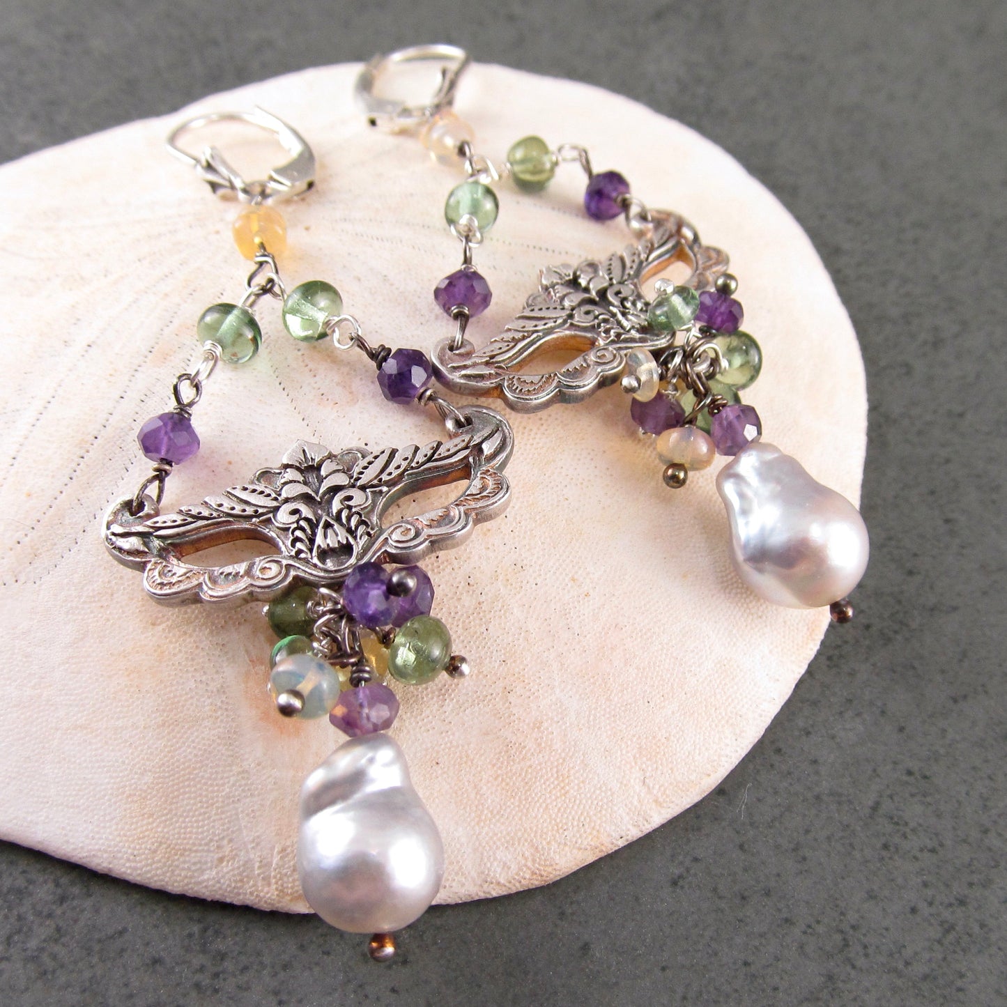 Masquerade earrings, handmade recycled fine silver, amethyst, green apatite and silver Akoya saltwater pearl earrings-Mardi Gras Masque