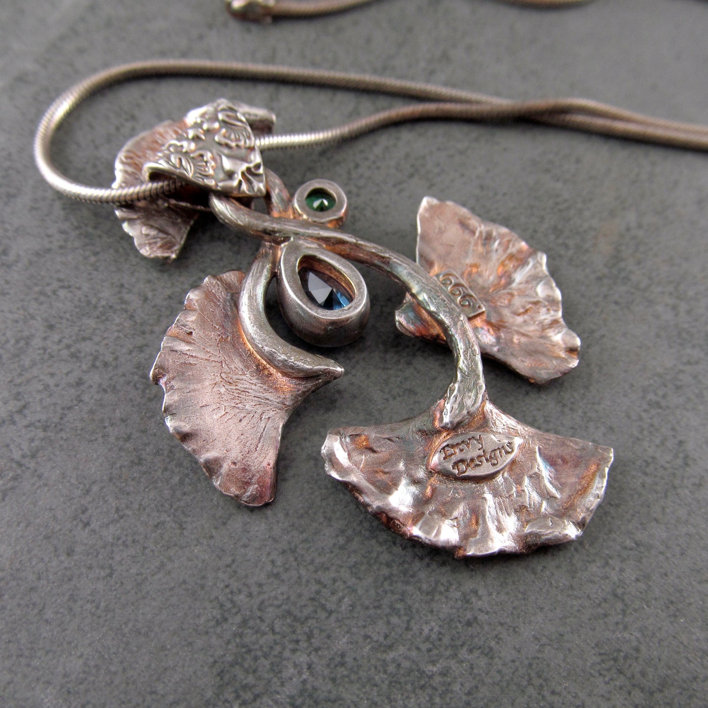 Gingko celebration pendant, handmade eco friendly fine silver necklace with blue spinel and green nano crystal-OOAK