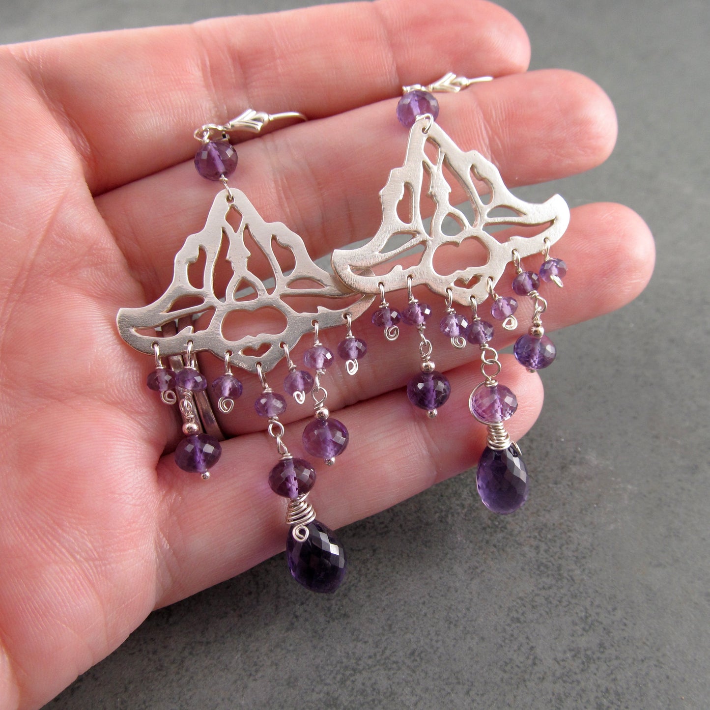 Amethyst chandelier earrings, handmade recycled sterling silver earrings-OOAK February birthstone jewelry