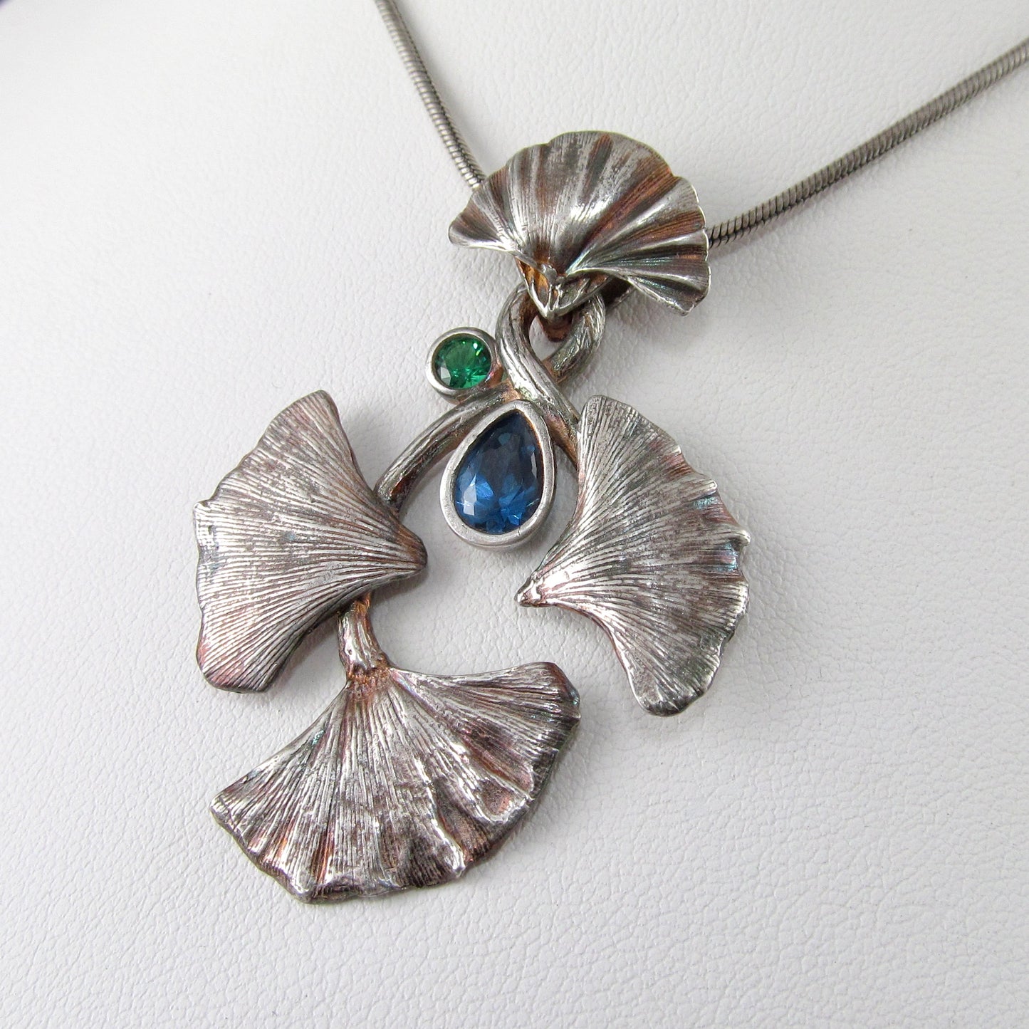 Gingko celebration pendant, handmade eco friendly fine silver necklace with blue spinel and green nano crystal-OOAK