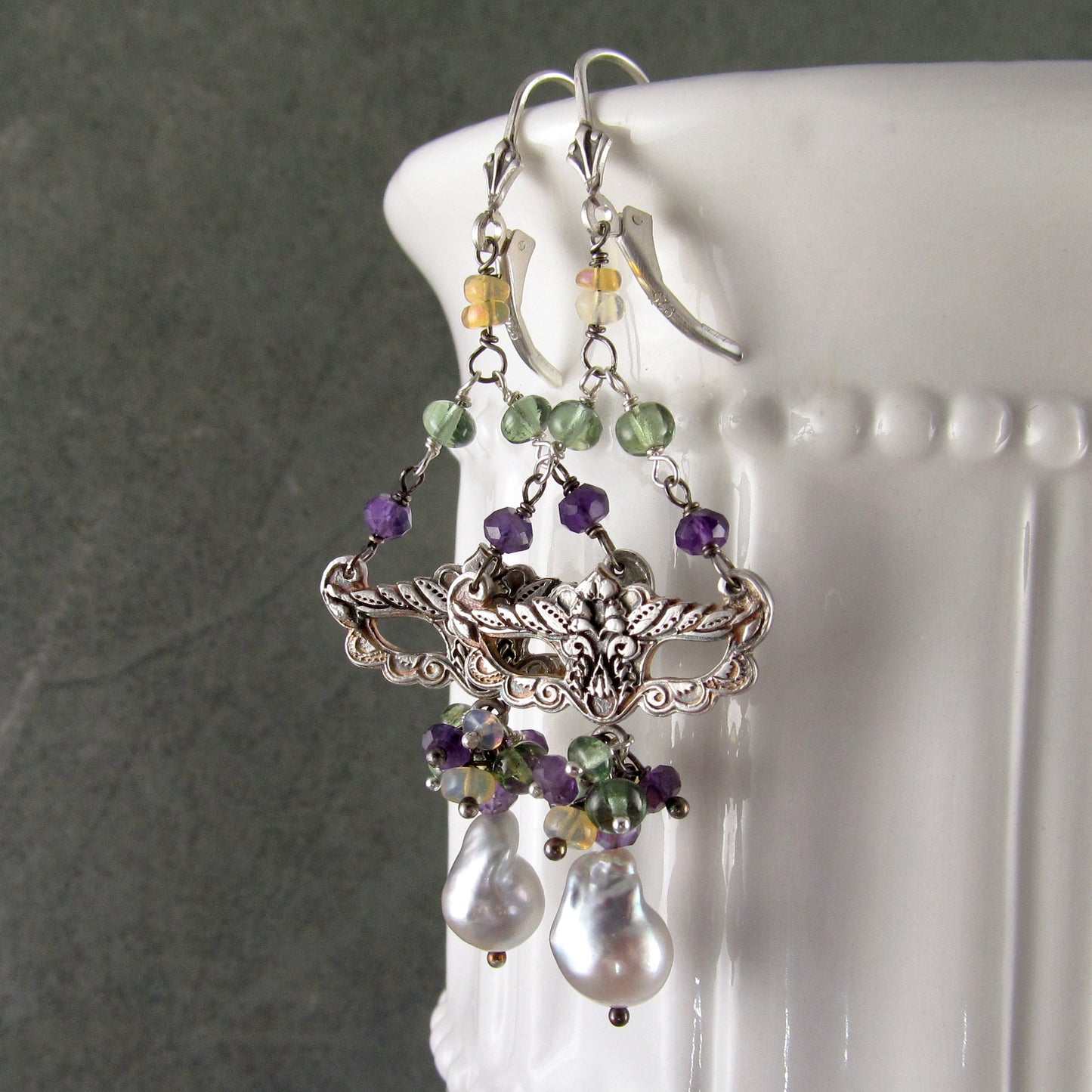 Masquerade earrings, handmade recycled fine silver, amethyst, green apatite and silver Akoya saltwater pearl earrings-Mardi Gras Masque