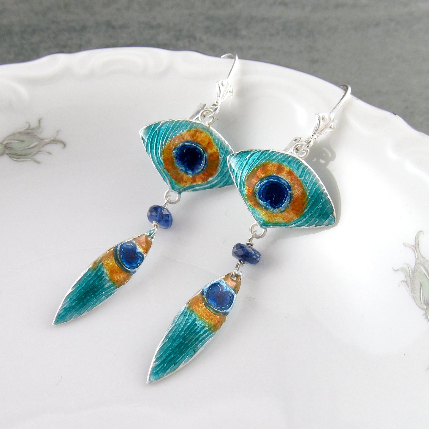 Peacock feather enamel earrings, recycled fine silver