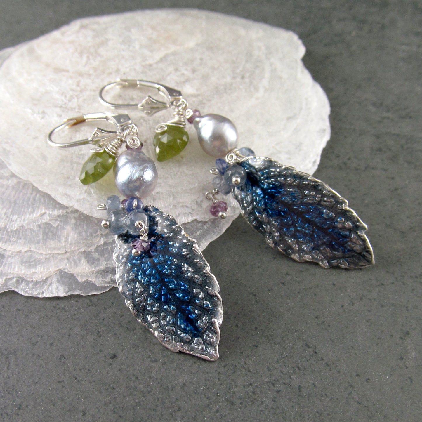 Blue enameled fine silver leaf earrings, with blue Akoya pearls, sapphire, vesuvianite leaves
