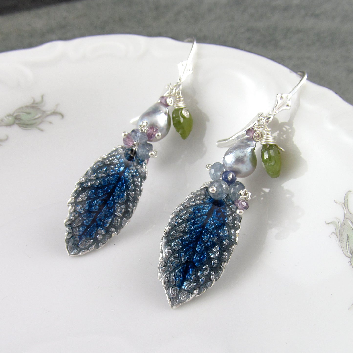 Blue enameled fine silver leaf earrings, with blue Akoya pearls, sapphire, vesuvianite leaves