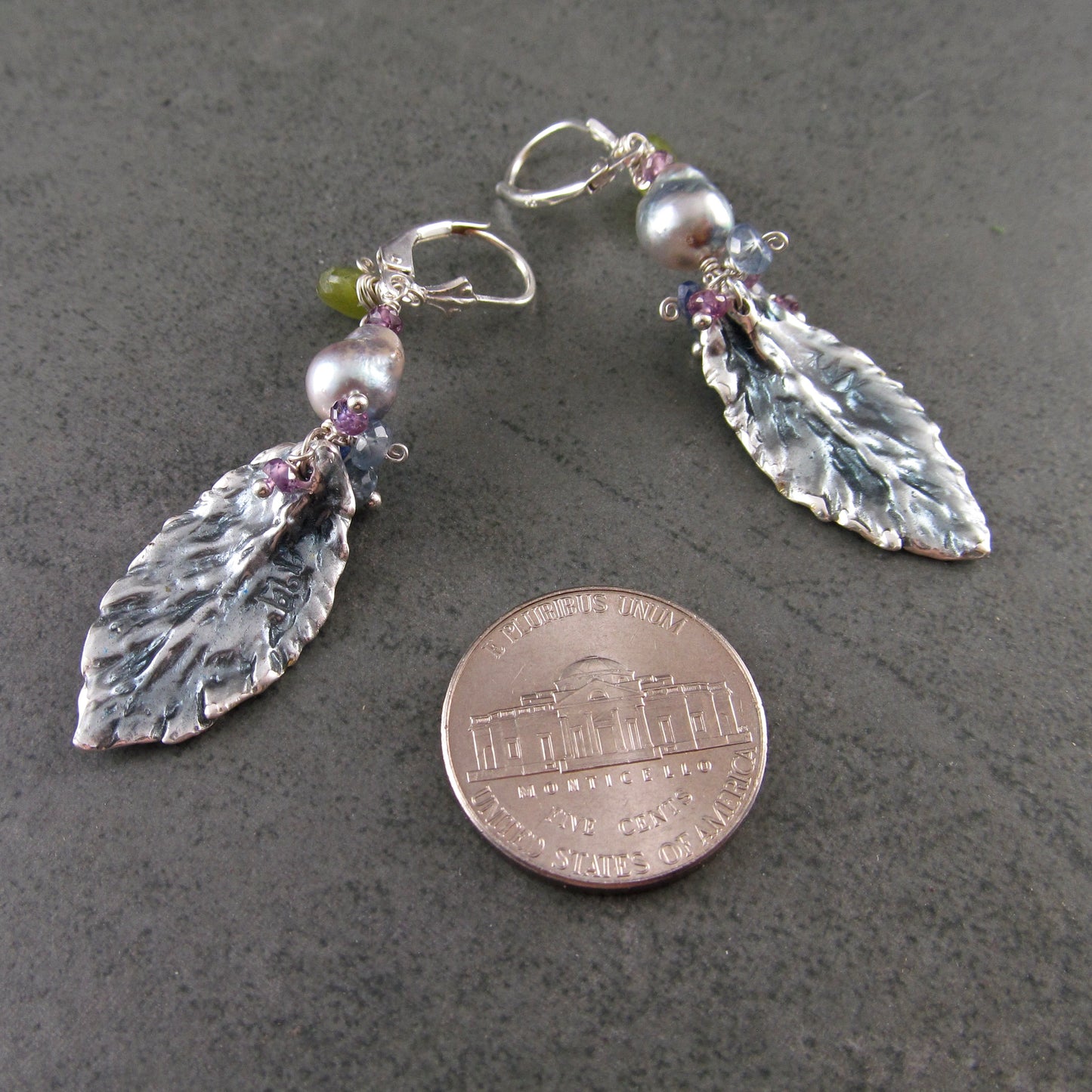 Blue enameled fine silver leaf earrings, with blue Akoya pearls, sapphire, vesuvianite leaves