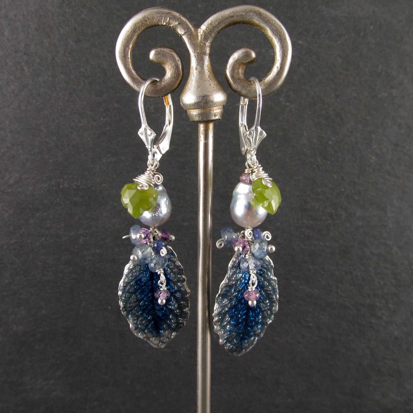 Blue enameled fine silver leaf earrings, with blue Akoya pearls, sapphire, vesuvianite leaves