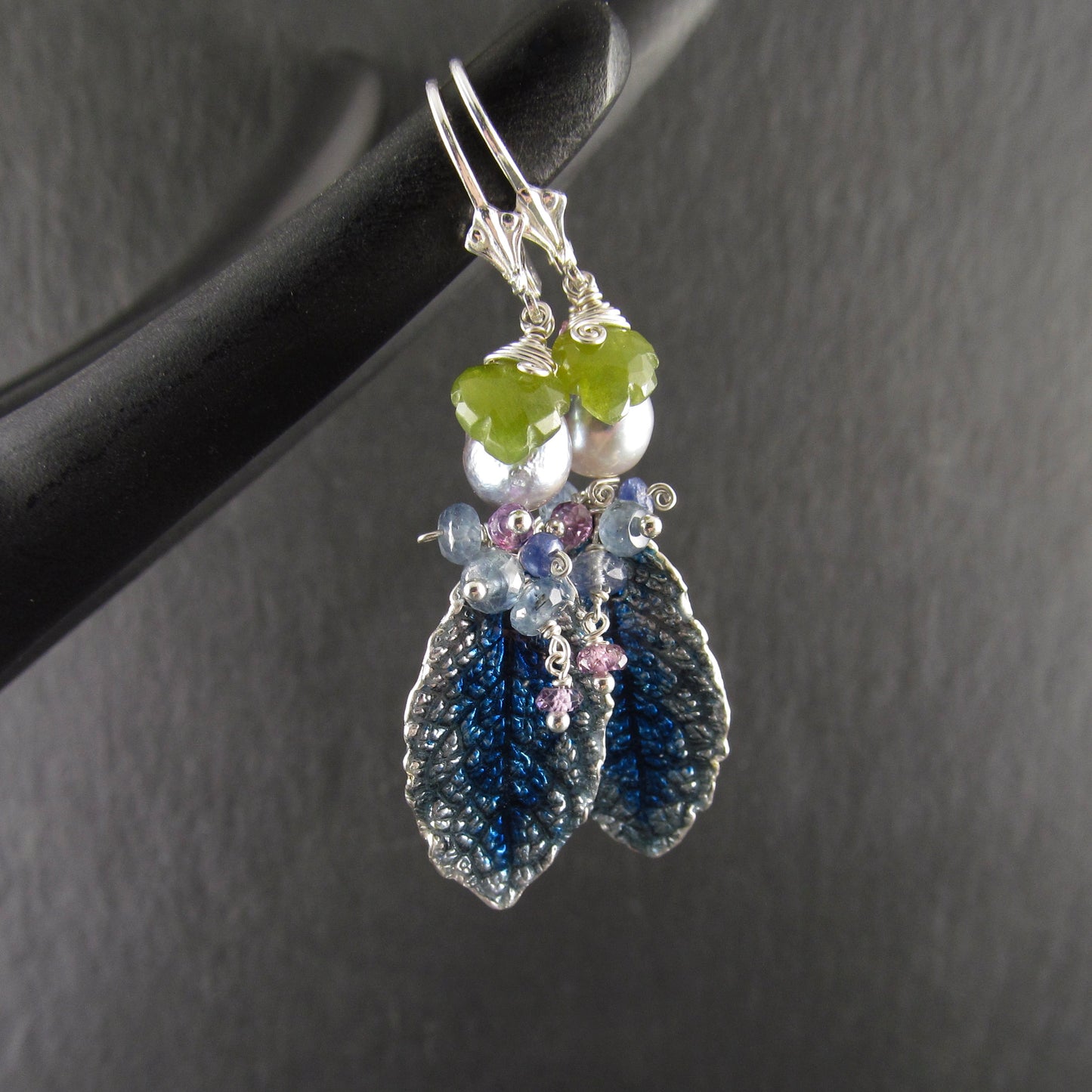 Blue enameled fine silver leaf earrings, with blue Akoya pearls, sapphire, vesuvianite leaves