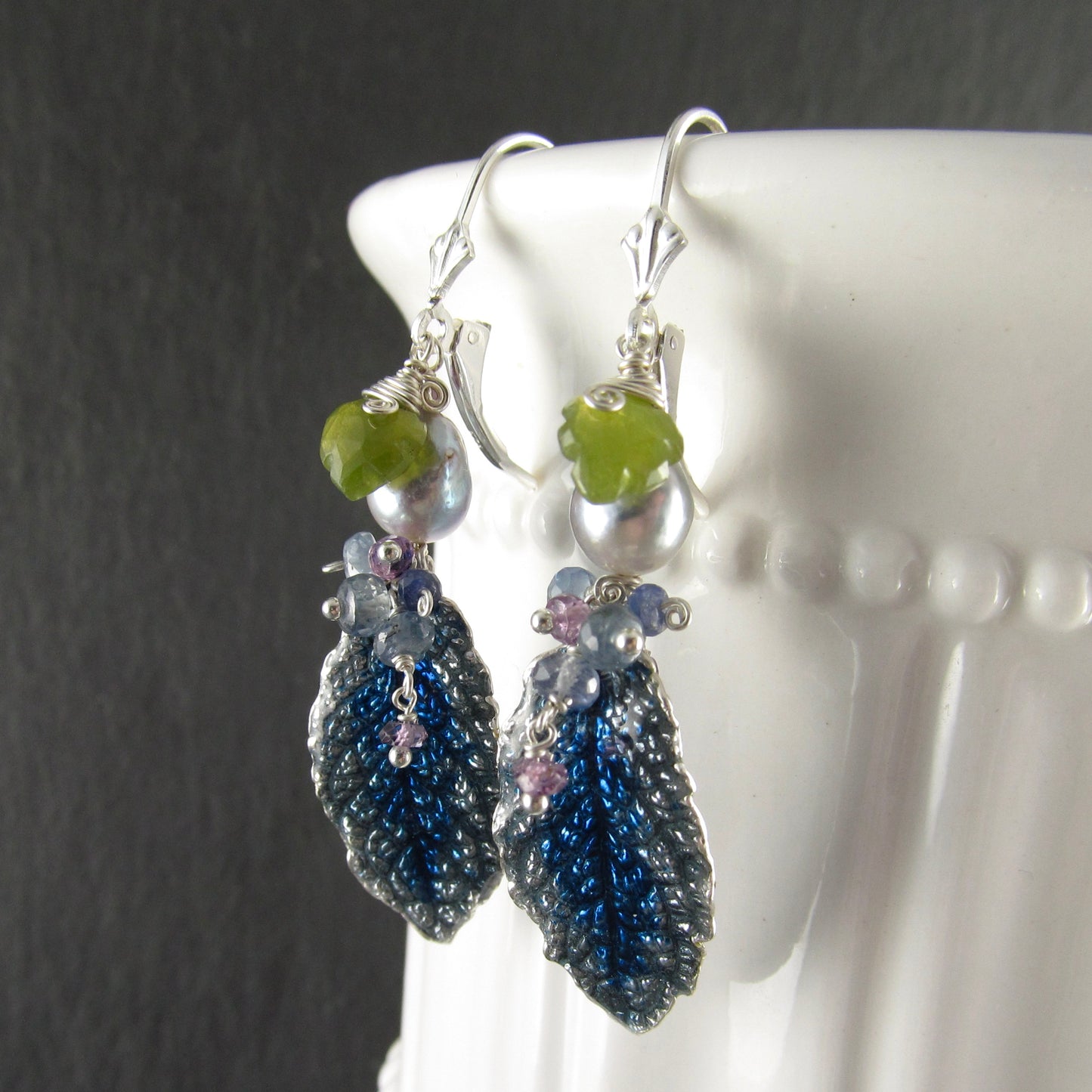Blue enameled fine silver leaf earrings, with blue Akoya pearls, sapphire, vesuvianite leaves