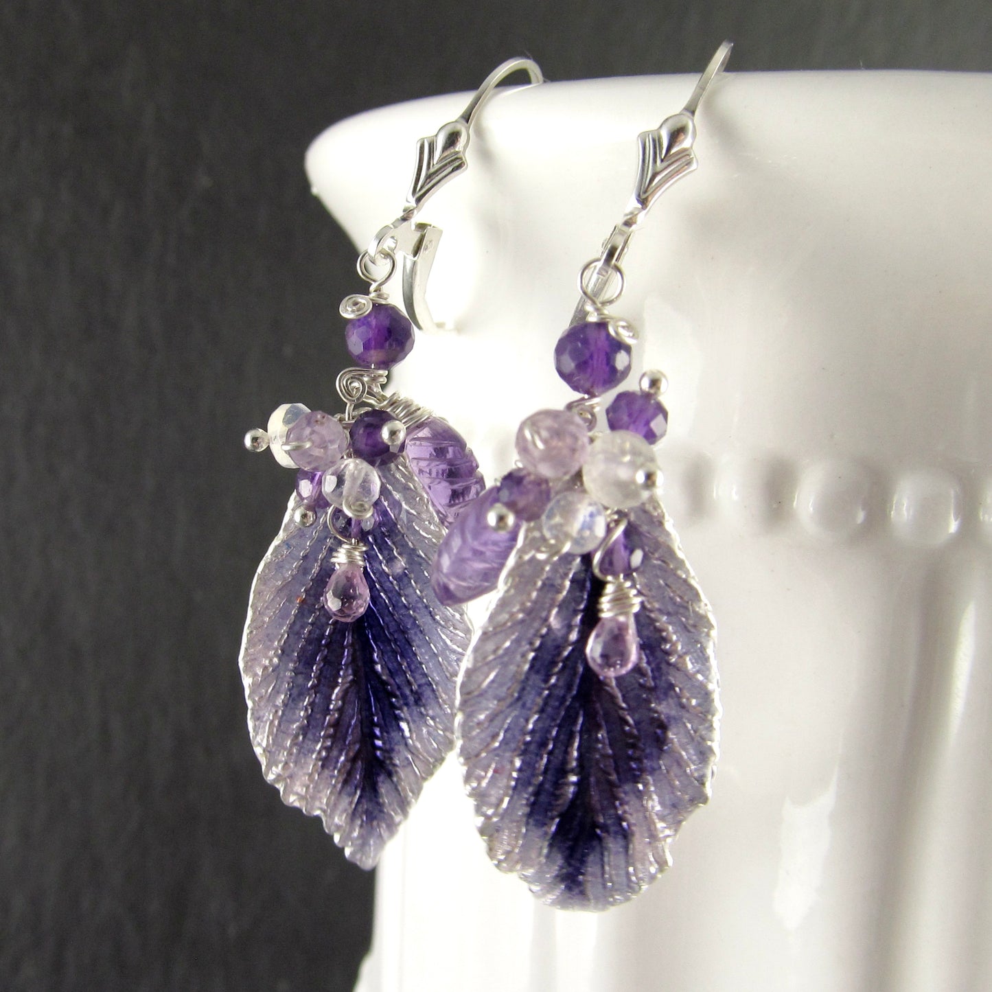 Purple enamel leaf earrings in fine silver with amethyst, moonstone and lavender sapphire