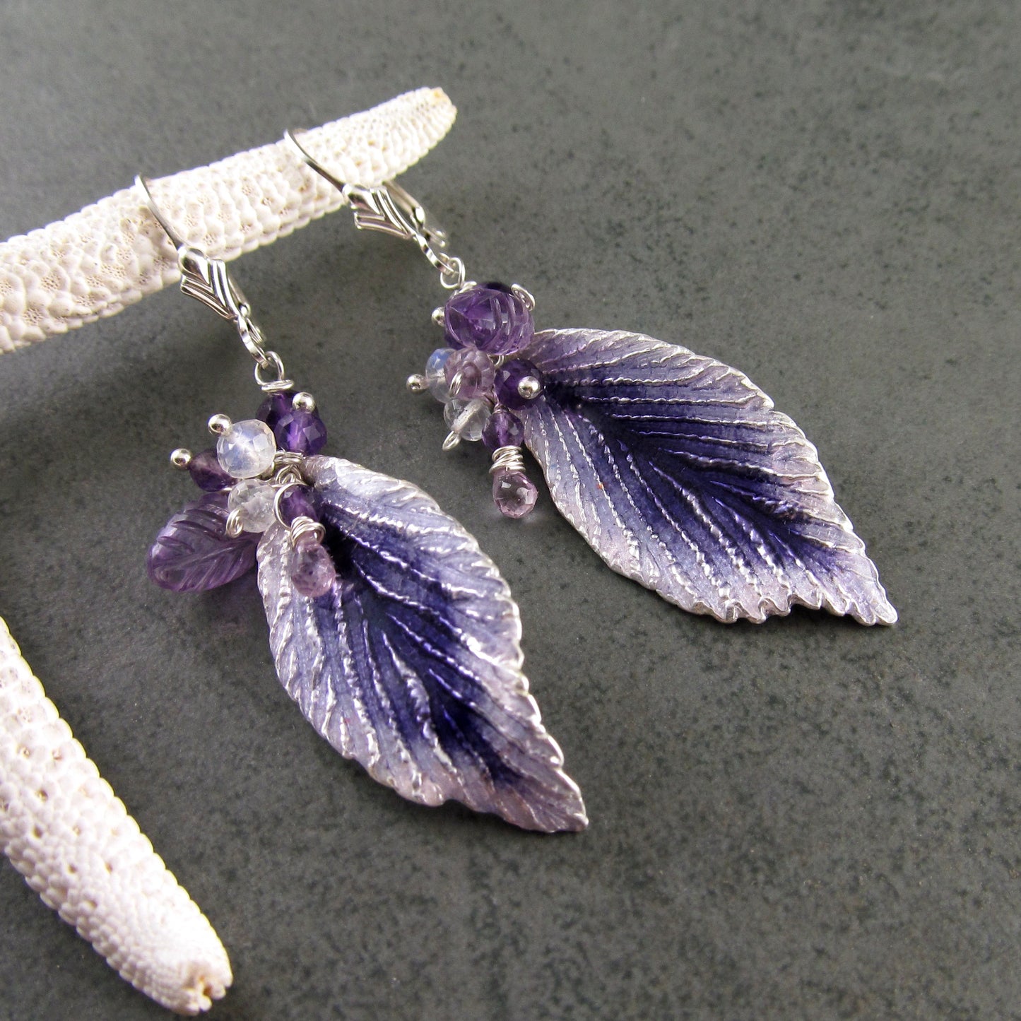 Purple enamel leaf earrings in fine silver with amethyst, moonstone and lavender sapphire