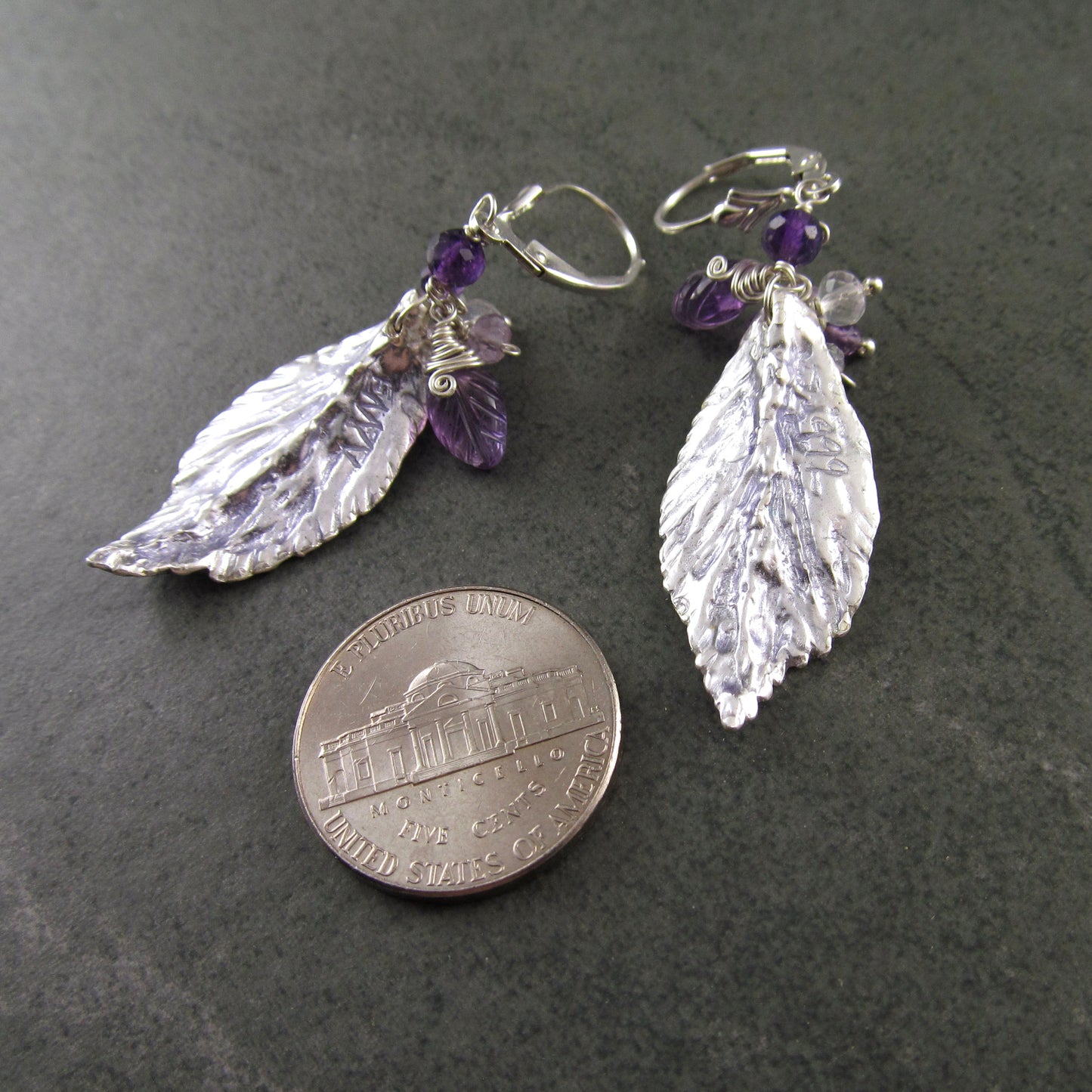 Purple enamel leaf earrings in fine silver with amethyst, moonstone and lavender sapphire