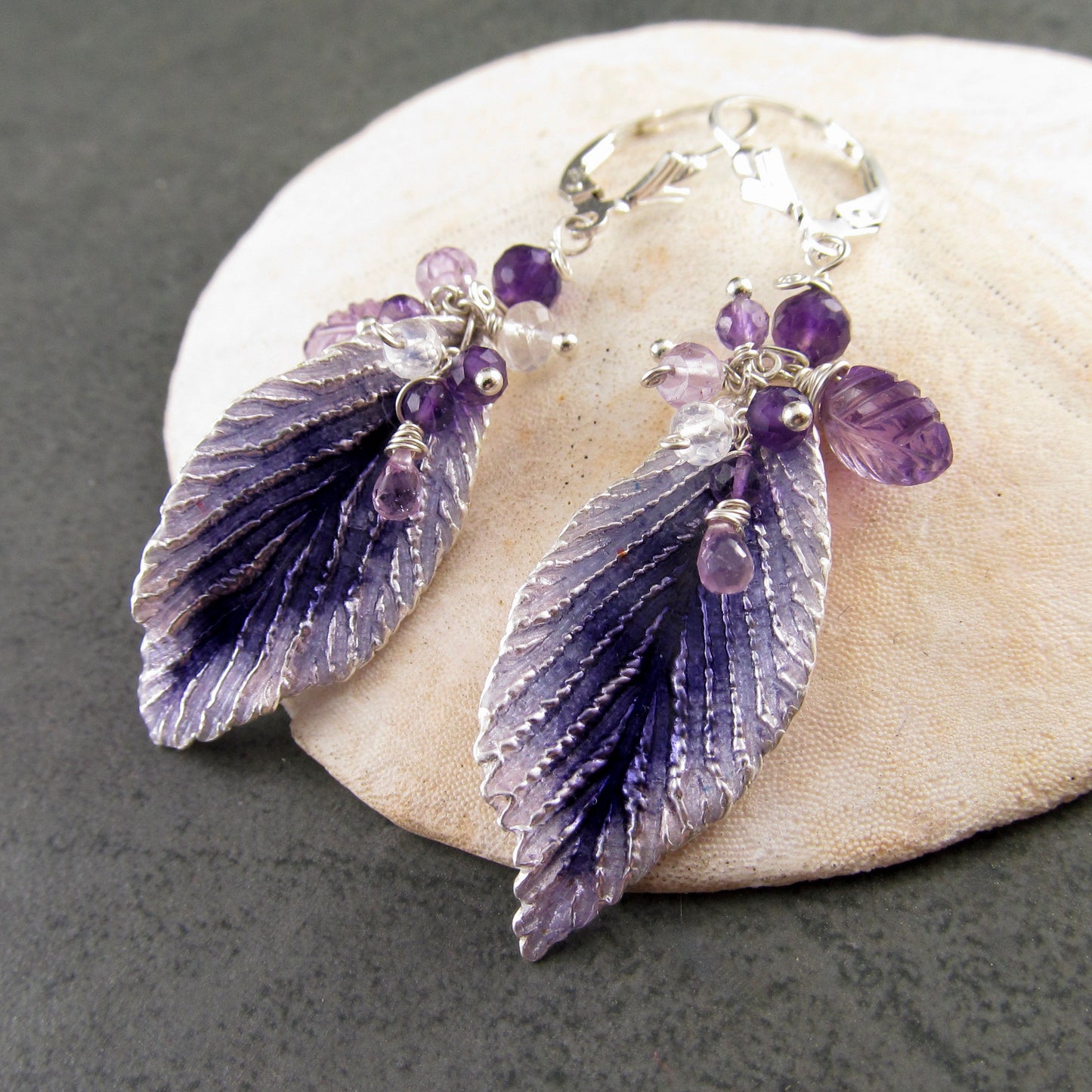 Purple enamel leaf earrings in fine silver with amethyst, moonstone and lavender sapphire