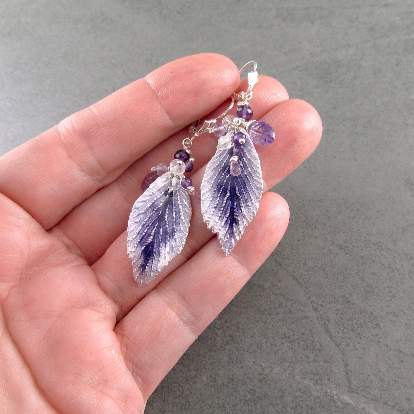 Purple enamel leaf earrings in fine silver with amethyst, moonstone and lavender sapphire