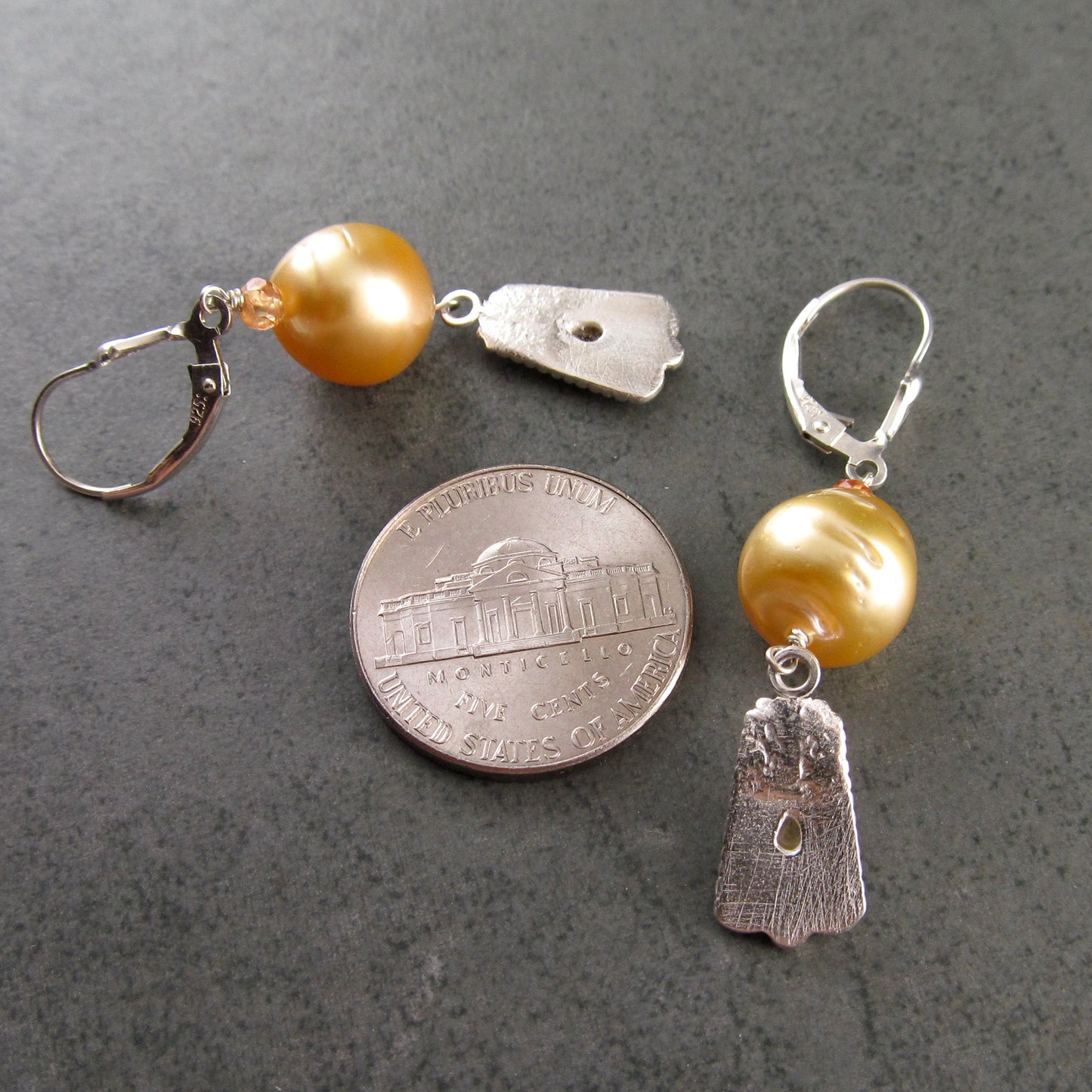 Gold South Sea pearl earrings with orange sapphire in fine silver