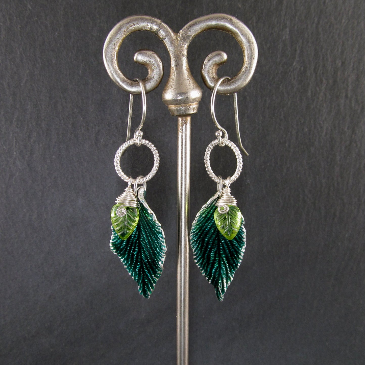 Green enamel leaf earrings, recycled fine silver and peridot