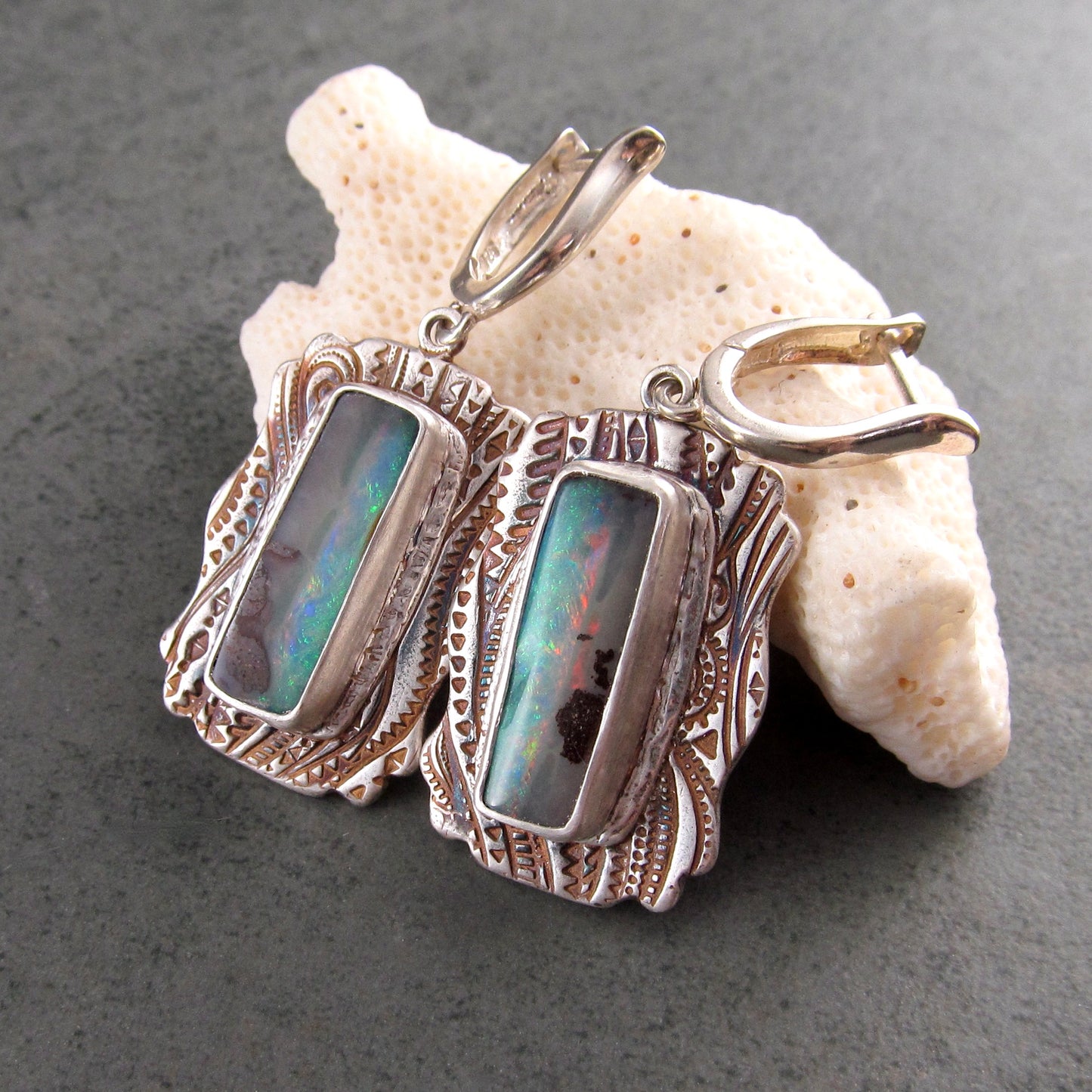 Australian opal earrings, handmade recycled fine silver earrings