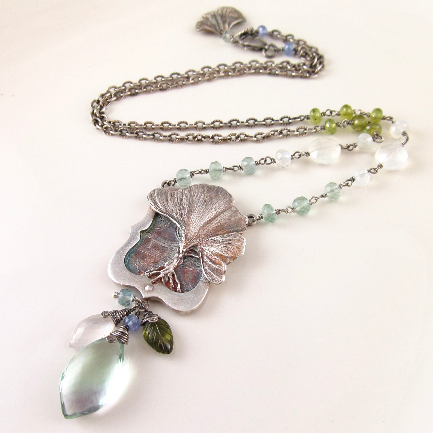 Gingko tree pendant in fine silver with fluorite, moonstone, tanzanite and vesuvianite gemstones