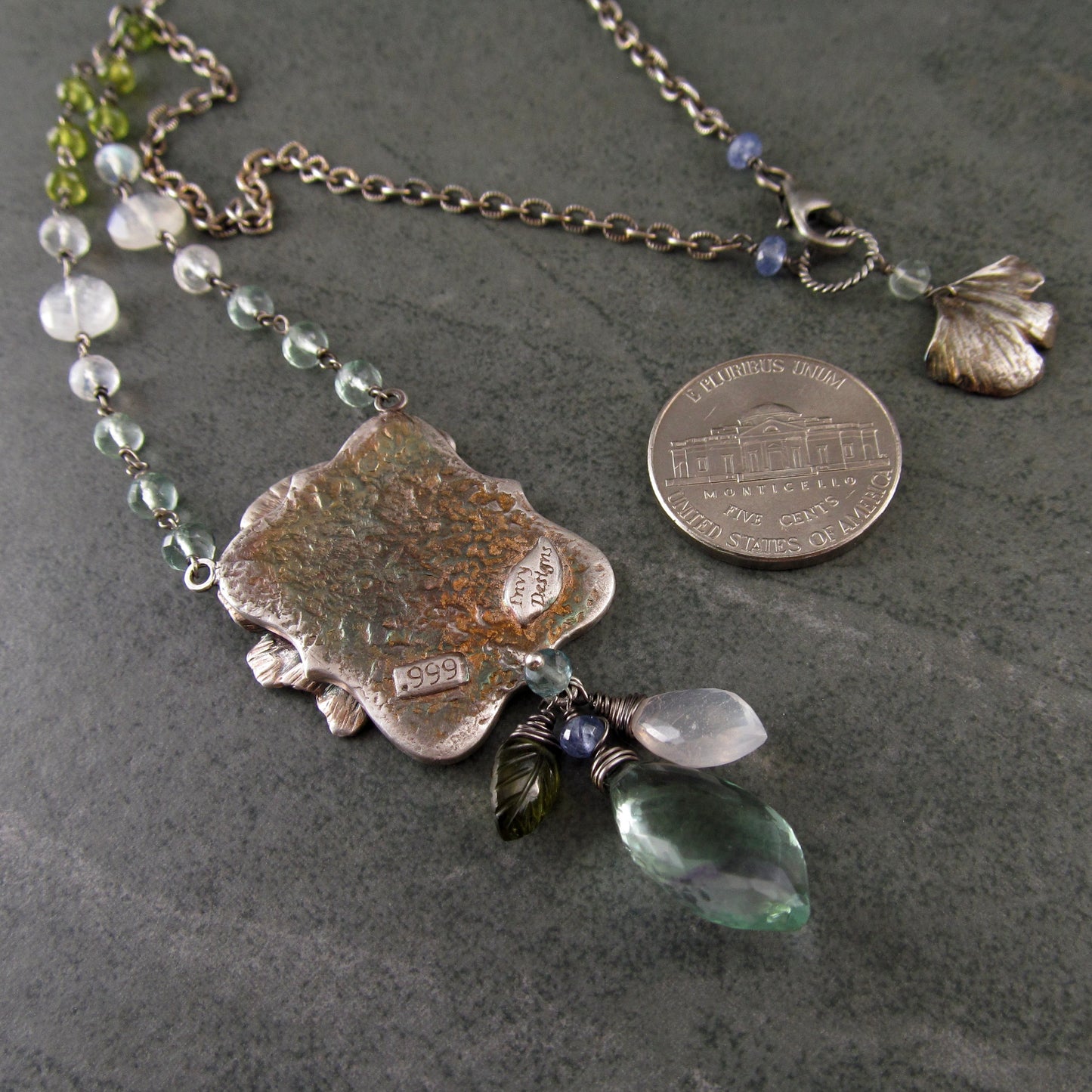 Gingko tree pendant in fine silver with fluorite, moonstone, tanzanite and vesuvianite gemstones