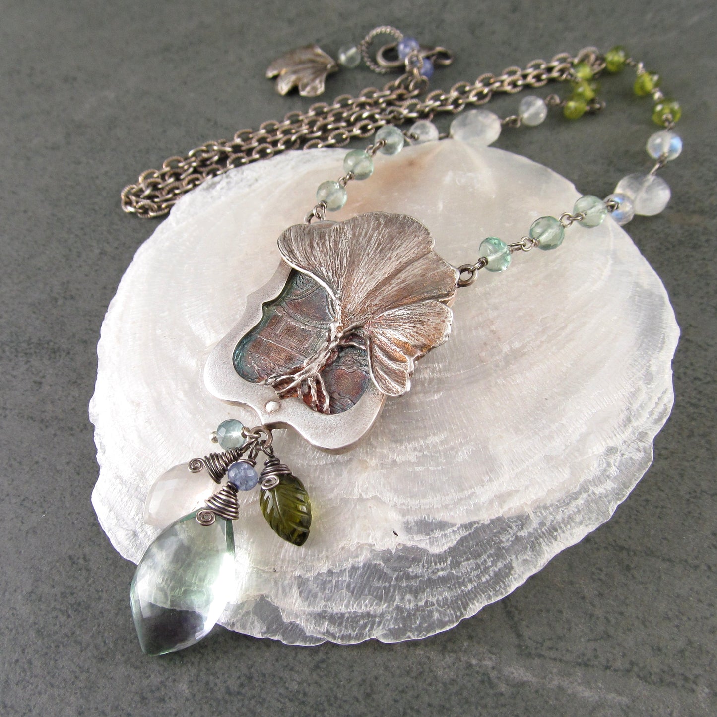 Gingko tree pendant in fine silver with fluorite, moonstone, tanzanite and vesuvianite gemstones
