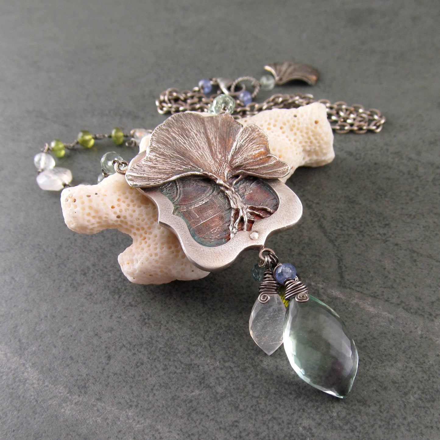 Gingko tree pendant in fine silver with fluorite, moonstone, tanzanite and vesuvianite gemstones