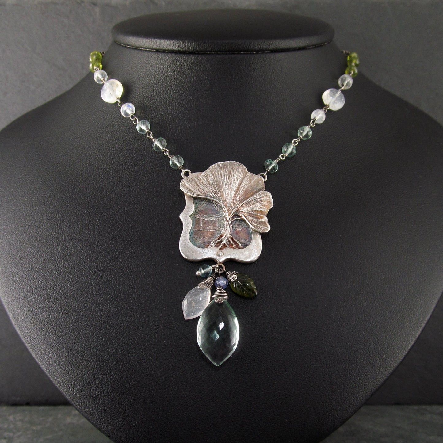 Gingko tree pendant in fine silver with fluorite, moonstone, tanzanite and vesuvianite gemstones