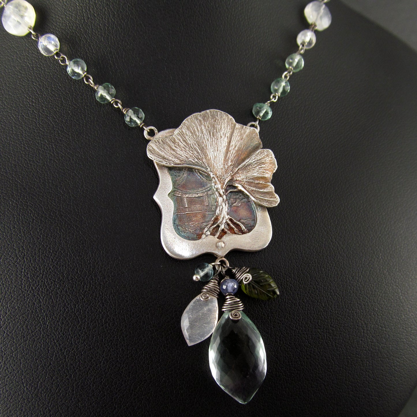 Gingko tree pendant in fine silver with fluorite, moonstone, tanzanite and vesuvianite gemstones