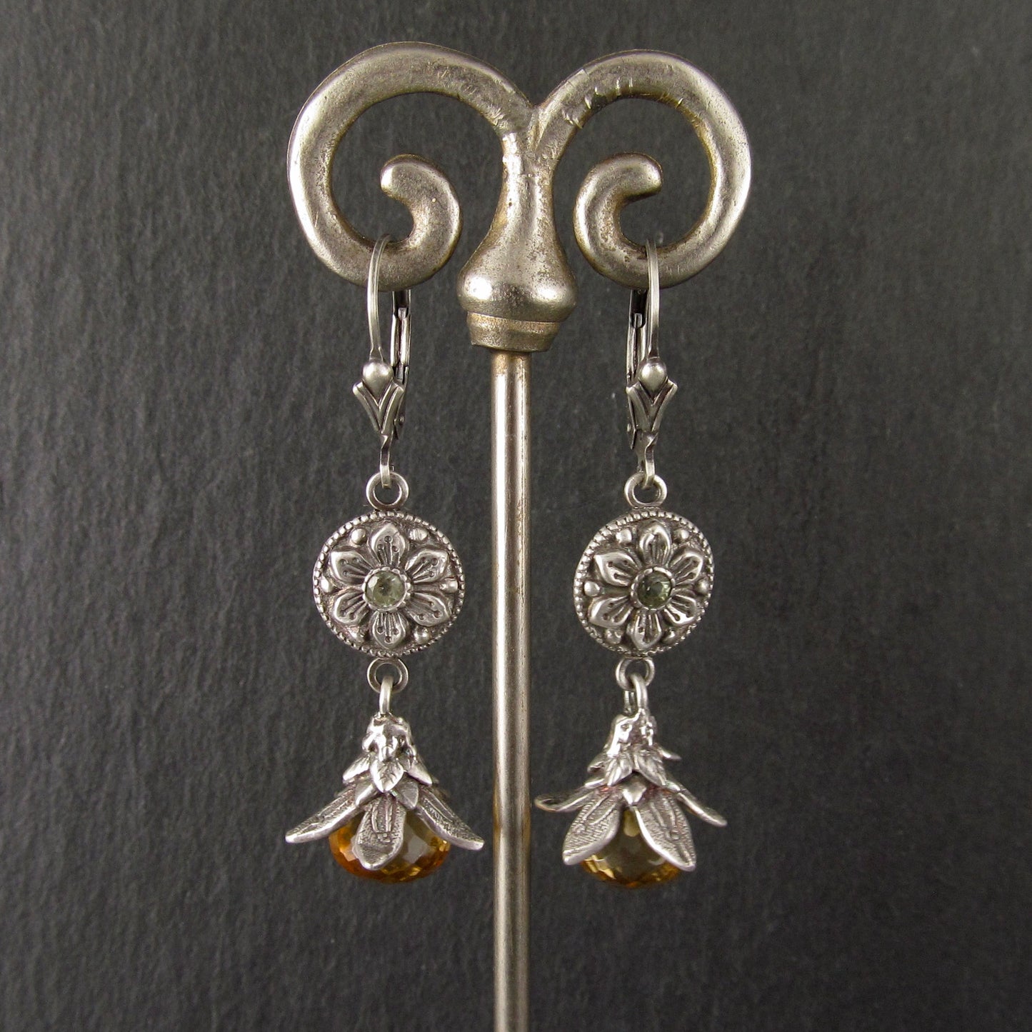 Citrine exotic flower earrings, handmade fine silver and green sapphire