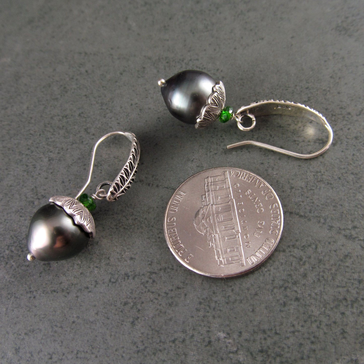 Tahitian pearl drop earrings, silver acorn earrings