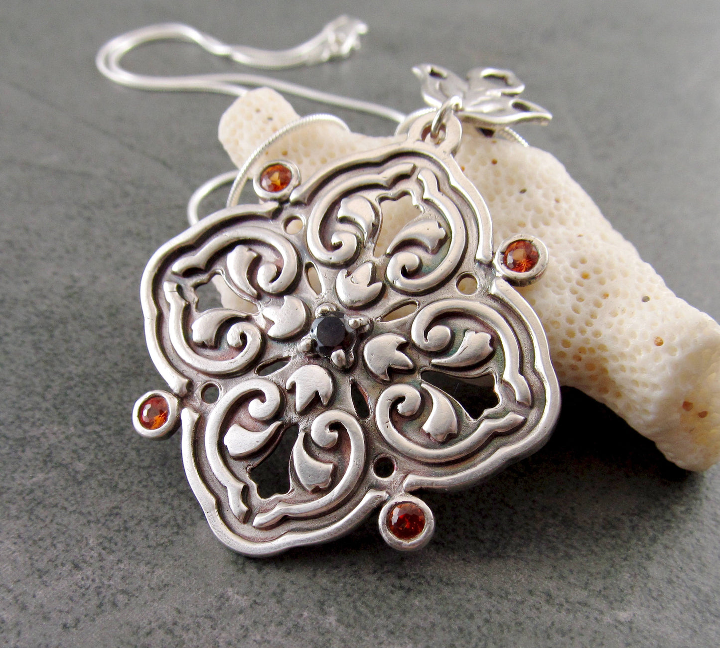 Floral medallion pendant necklace, handmade recycled fine silver, sapphire and garnet necklace-OOAK September & January birthstone jewelry