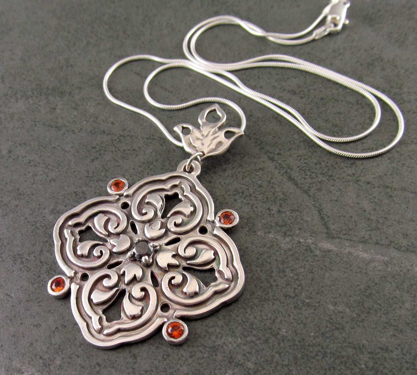 Floral medallion pendant necklace, handmade recycled fine silver, sapphire and garnet necklace-OOAK September & January birthstone jewelry