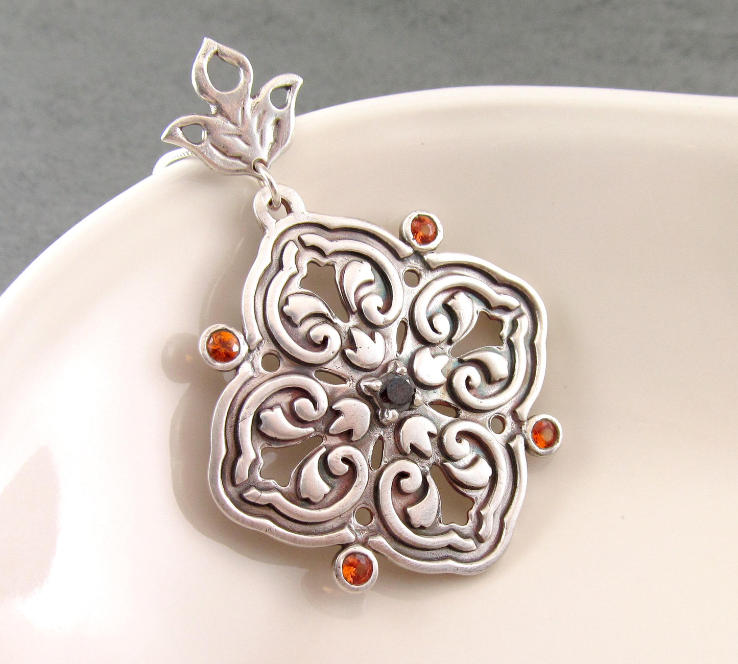 Floral medallion pendant necklace, handmade recycled fine silver, sapphire and garnet necklace-OOAK September & January birthstone jewelry