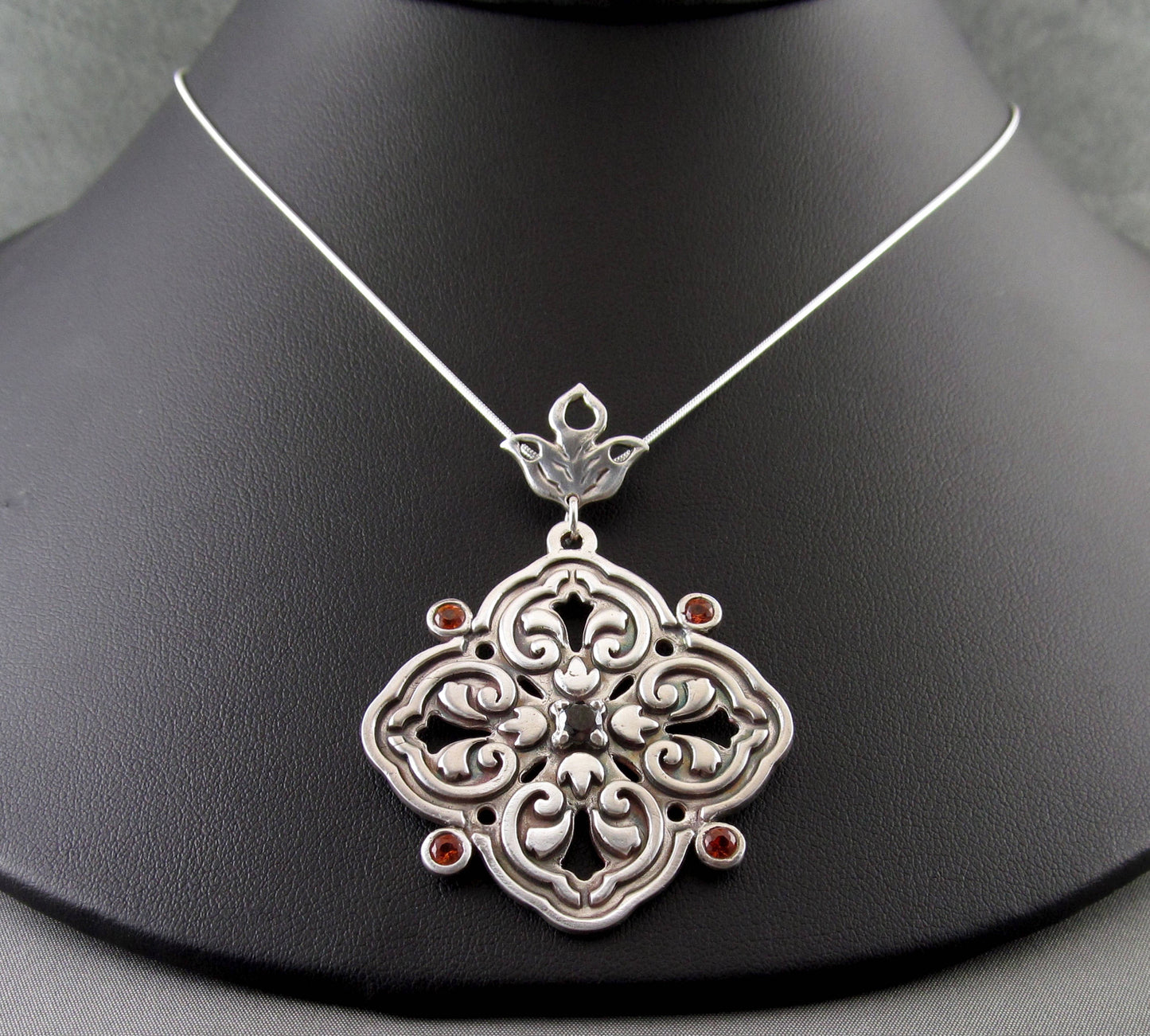 Floral medallion pendant necklace, handmade recycled fine silver, sapphire and garnet necklace-OOAK September & January birthstone jewelry
