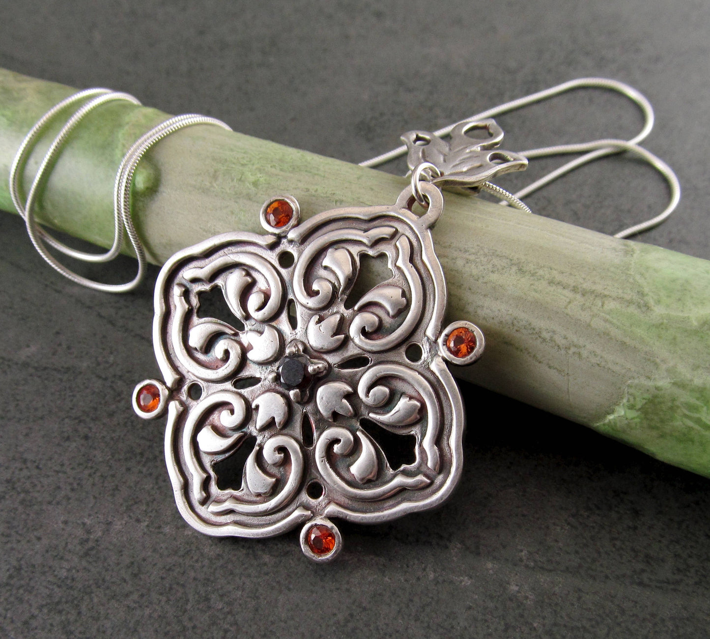 Floral medallion pendant necklace, handmade recycled fine silver, sapphire and garnet necklace-OOAK September & January birthstone jewelry
