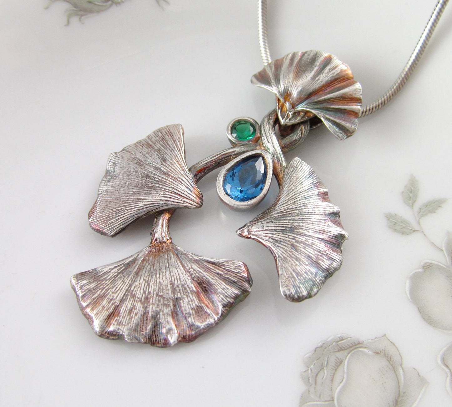 Gingko celebration pendant, handmade eco friendly fine silver necklace with blue spinel and green nano crystal-OOAK