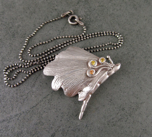 Gingko leaf butterfly pendant, handmade eco friendly fine silver and sapphire pendant necklace-OOAK #5 in the series