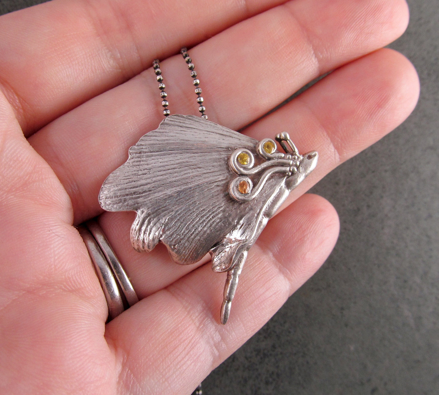 Gingko leaf butterfly pendant, handmade eco friendly fine silver and sapphire pendant necklace-OOAK #5 in the series