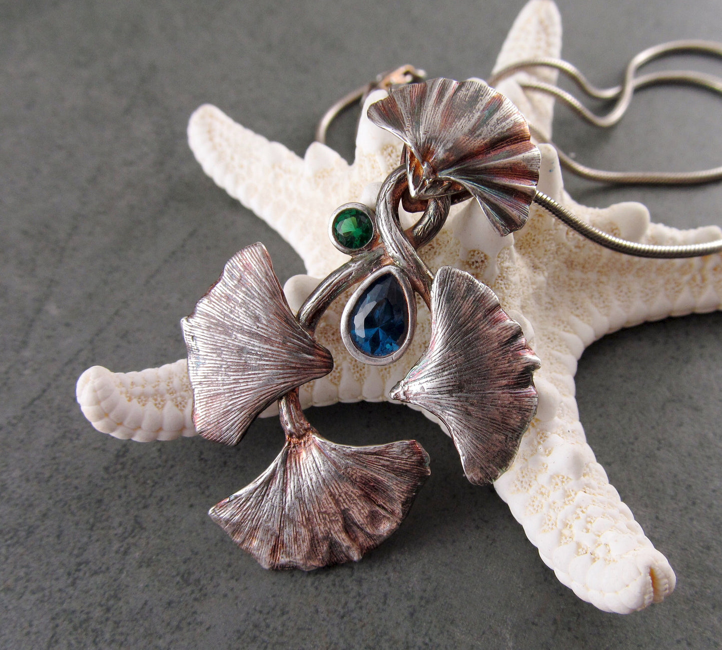 Gingko celebration pendant, handmade eco friendly fine silver necklace with blue spinel and green nano crystal-OOAK