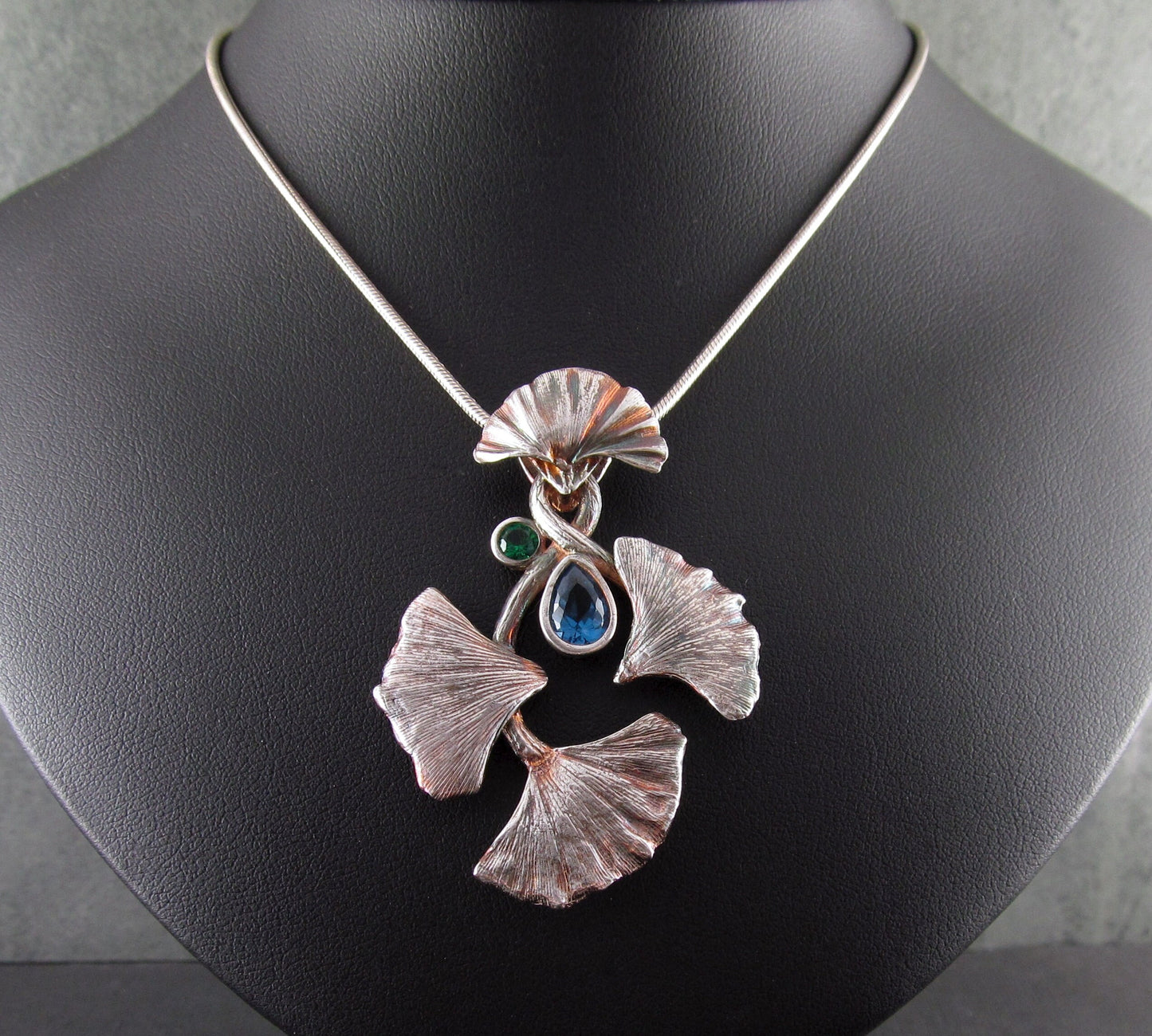 Gingko celebration pendant, handmade eco friendly fine silver necklace with blue spinel and green nano crystal-OOAK
