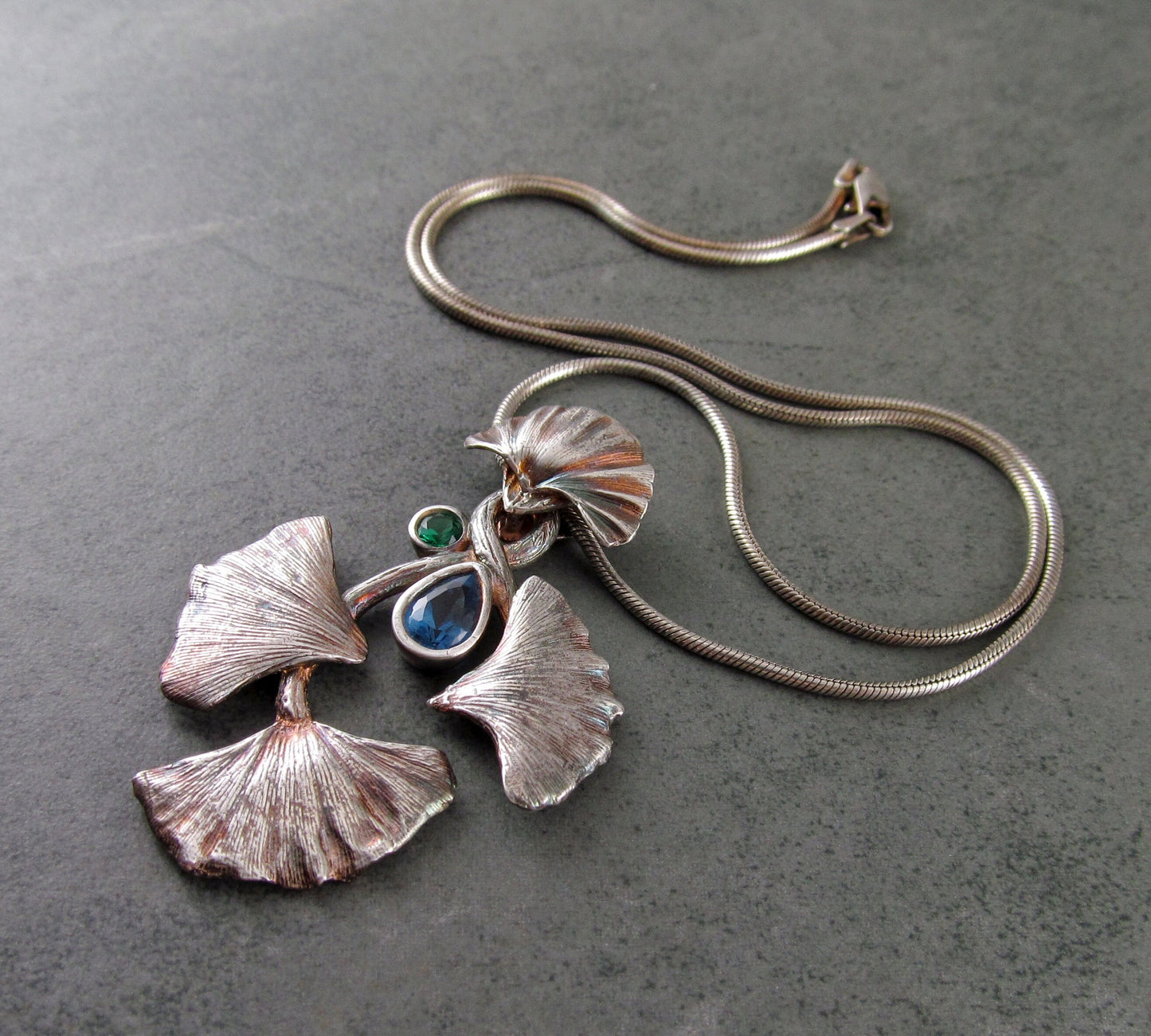Gingko celebration pendant, handmade eco friendly fine silver necklace with blue spinel and green nano crystal-OOAK