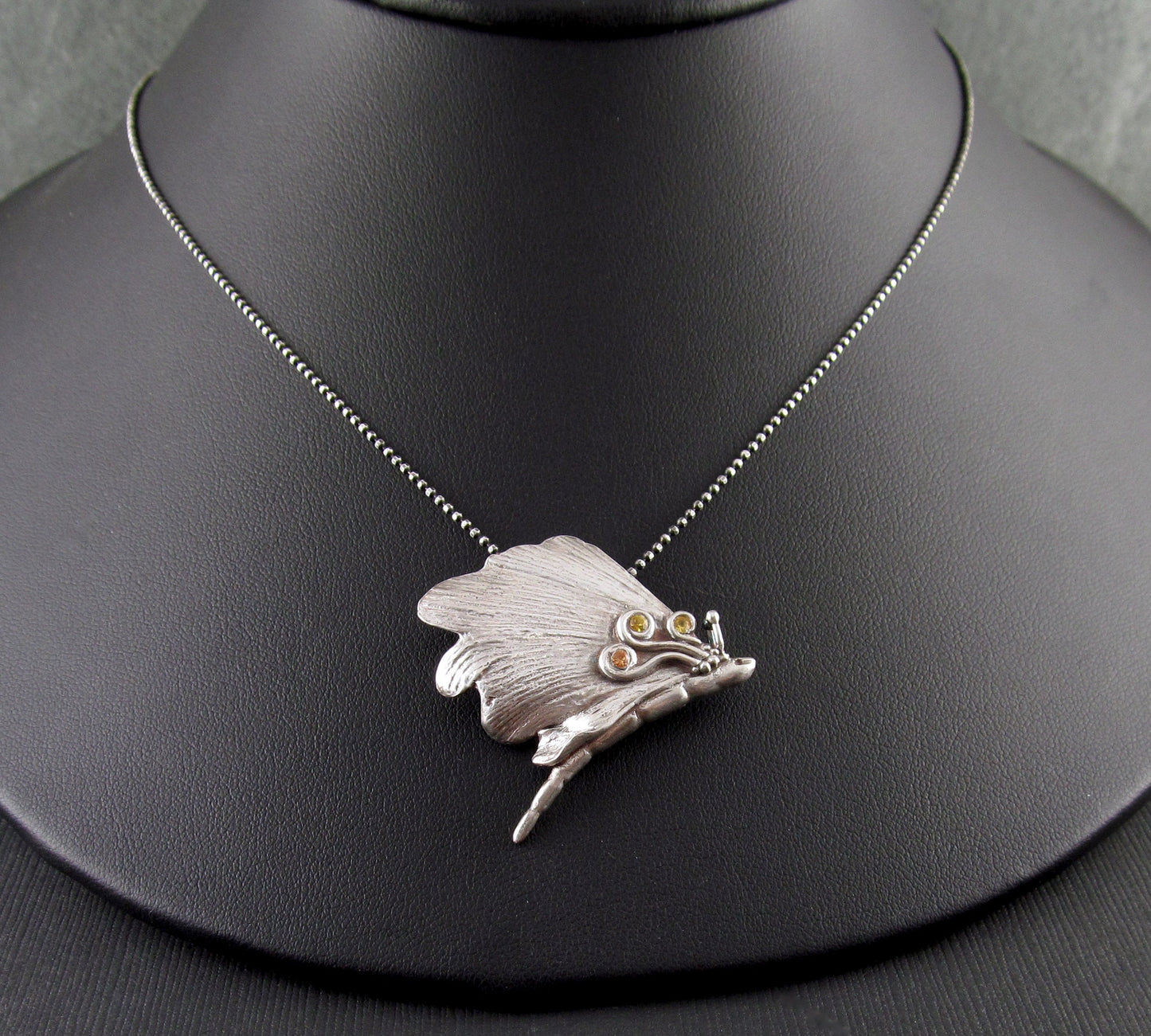 Gingko leaf butterfly pendant, handmade eco friendly fine silver and sapphire pendant necklace-OOAK #5 in the series