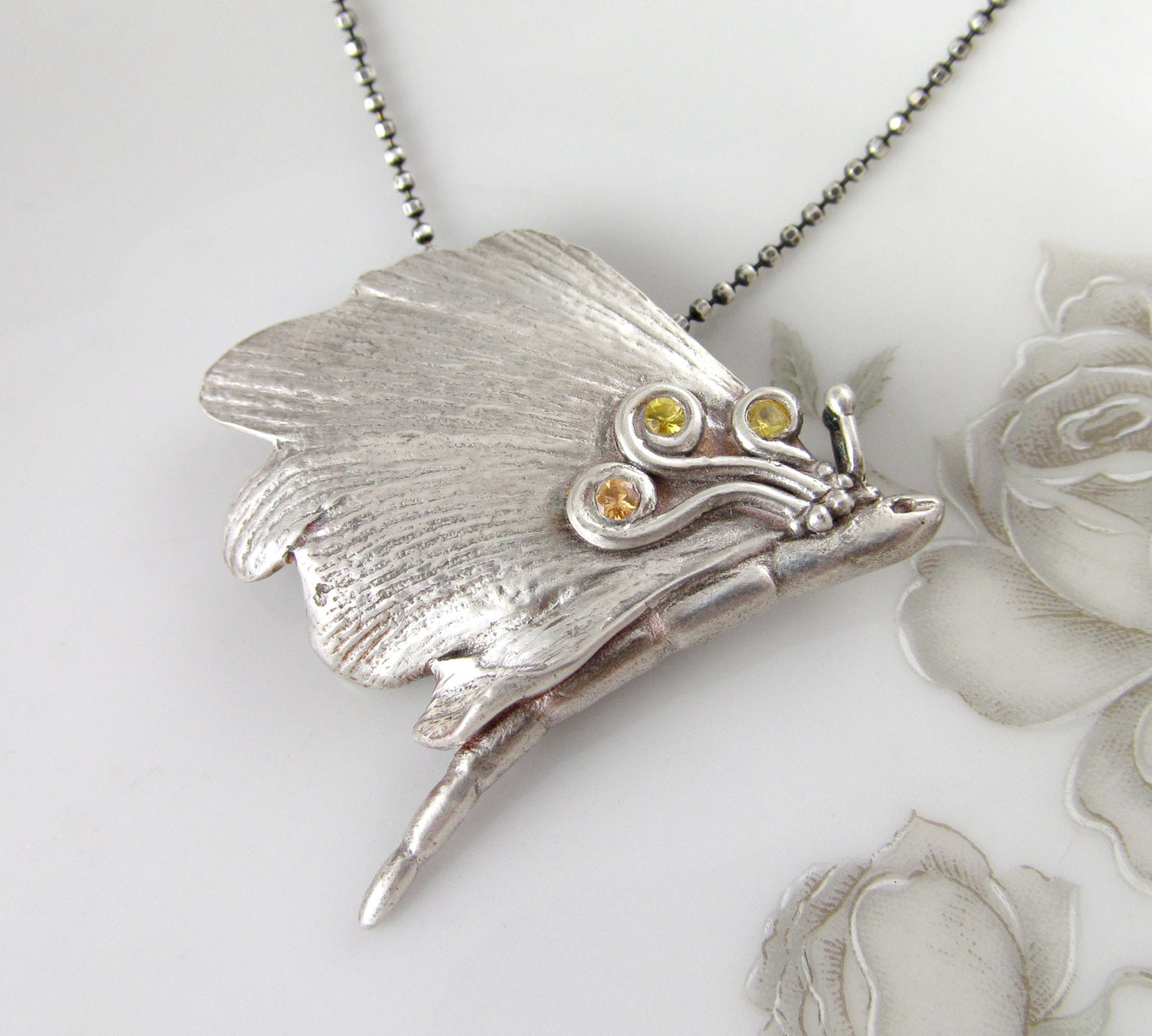 Gingko leaf butterfly pendant, handmade eco friendly fine silver and sapphire pendant necklace-OOAK #5 in the series
